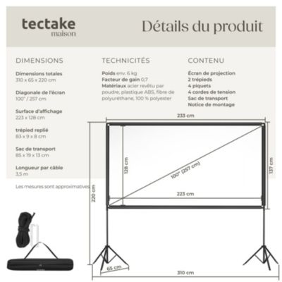 Écran de projection cinema 100" avec trépieds pliables format 16:9 4K HD full HD ultra HD 275cm diagonal portable