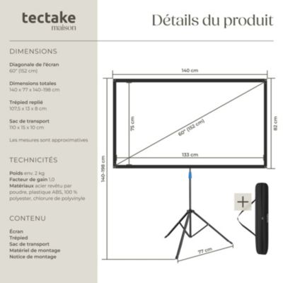 Écran de projection Cinema avec trépied pliable 16:9 4K HD 60 pouces 152cm portable anti-plis toile en polyester gain 1.0