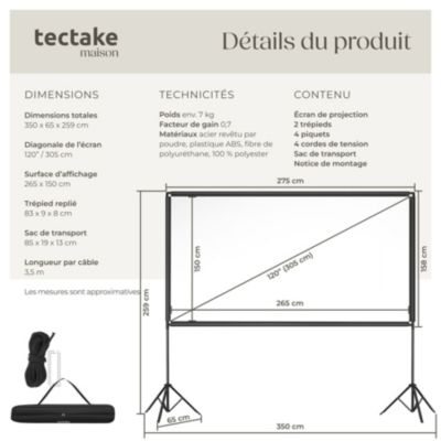 Écran de projection portable 120" avec trépieds pliables format 16:9 compatible 4K HD Full HD angle 160 gain 0.7 blanc avec sac