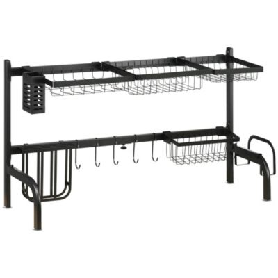 Égouttoir à vaiselle réglable - organiseur d'évier - 8 espaces de séchage - pieds ventouses - acier époxy noir