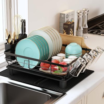 Égouttoir Vaisselle Cuisine avec Porte-Gobelets et Porte-Ustensiles noir