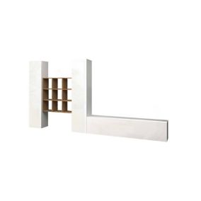 Élément mural Denis, meuble TV 3 portes, Meuble de salon polyvalent, 100% Made in Italy, 270x30h180 cm, Blanc brillant et Erable