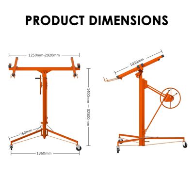 Élévateur de plaques de plâtre XXL, orange - Capacité de charge 68 kg, hauteur réglable de 140 à 325 cm - Aide à la pose de