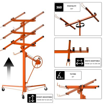 Élévateur de plaques de plâtre XXL, orange - Capacité de charge 68 kg, hauteur réglable de 140 à 325 cm - Aide à la pose de