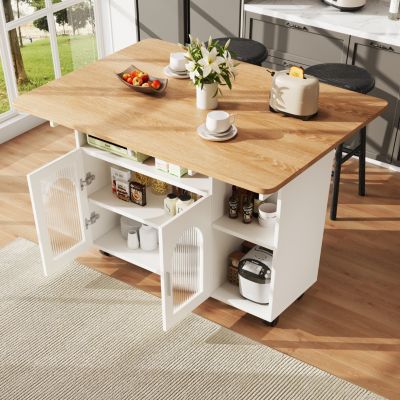 Îlot de cuisine 120 cm en MDF avec plateau rabattable et roulettes