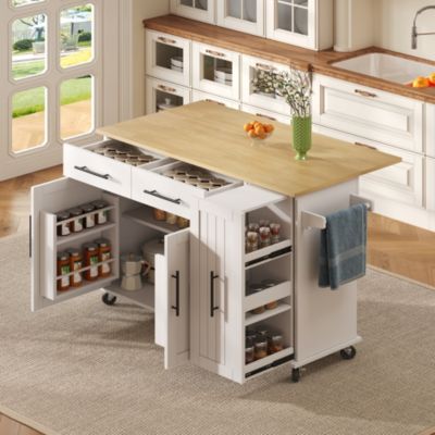 Îlot de cuisine 120 cm en MDF blanc et naturel avec plateau rabattable