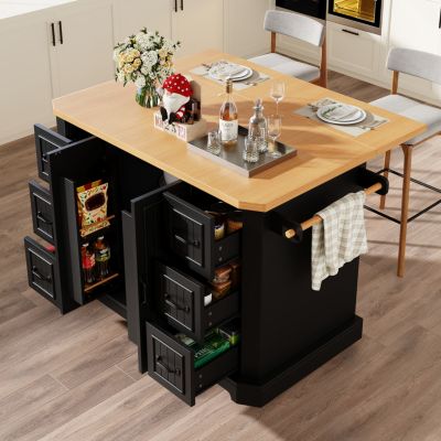 Îlot de cuisine 120 cm en MDF noir avec 2 portes, 6 tiroirs et roulettes