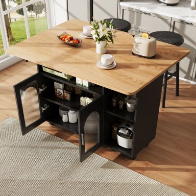 Îlot de cuisine 120 cm en MDF noir et décor bois avec plateau rabattable