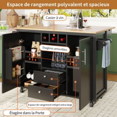 Îlot de cuisine, 120 x 73 x 92 cm, avec plan de travail rabattable, tiroirs et étagères réglables, noir