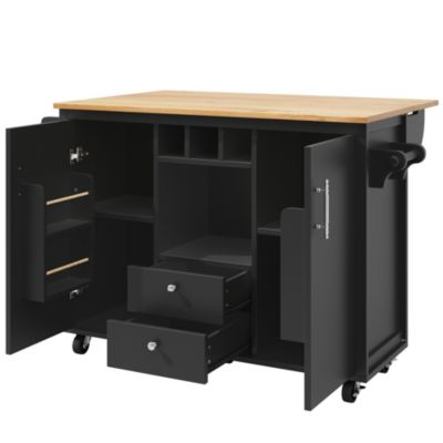 Îlot de cuisine, 120 x 73 x 92 cm, avec plan de travail rabattable, tiroirs et étagères réglables, noir