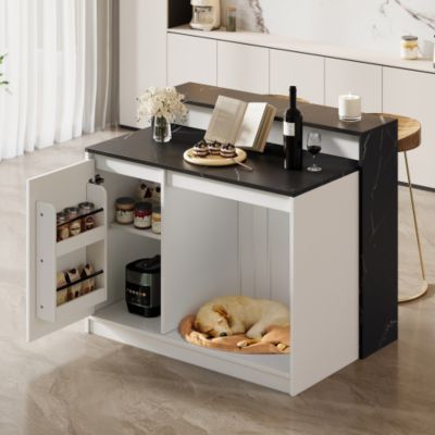 Îlot de cuisine 120x80x100 cm - Espace détente pour animaux - Combinaison bar et table à manger - 1 porte - MDF - Noir et blanc