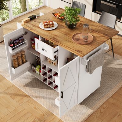 Îlot de cuisine 137,5 cm en MDF blanc avec plateau rabattable et roulettes