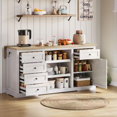 Îlot de Cuisine, 5 Tiroirs, 2 Étagères Coulissantes, Plateau Rabattable, Meuble Bar/Buffet de Cuisine, MDF Blanc, 150x65x75,5 cm