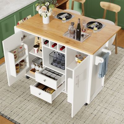 Îlot de cuisine avec rangement, 2 portes, 4 tiroirs, étagère épices porte-serviettes plateau pliant, MDF métal, 138x73x92 cm blanc