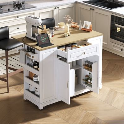 Îlot de cuisine  avec Tiroirs et Compartiment Poubelle - Plateau Rabattable Extensible, MDF, Blanc+Nature 131,8x40-70x93,3 cm