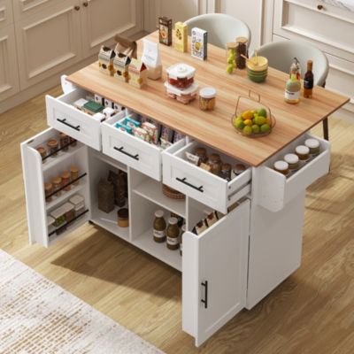 Îlot de Cuisine Blanc avec Surface en Bois - Meuble de Cuisine Mobile avec Roulettes et Plan de Travail Pliable