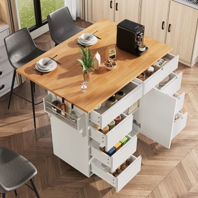Îlot de Cuisine Blanche avec 8 Tiroirs et Roulettes, Plan de Travail Extensible et Étagère à Épices, MDF, 111x40x91,5 cm