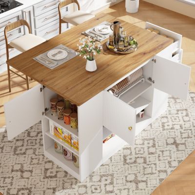 Îlot de Cuisine - Buffet de Cuisine avec Tiroirs et Étagères, Plateau Pliable et Tablette Réglable, MDF Blanc 140x70x90 cm