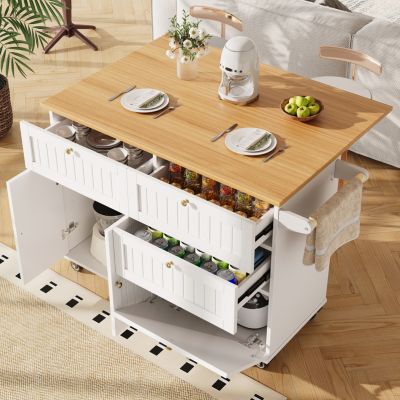 Îlot de cuisine - Buffet de Cuisine Multifonction avec Rangements Extensibles et Tiroirs, MDF et Métal, 133x37-77x88 cm, Blanc