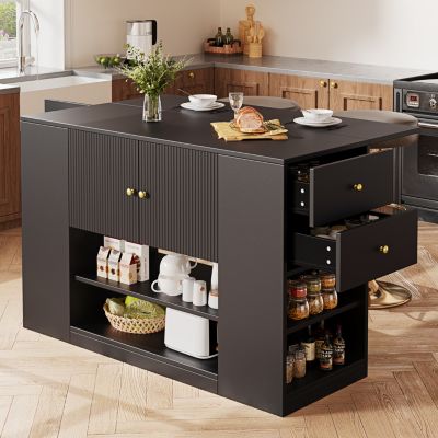 Îlot de Cuisine - Chariot de Cuisine avec Tiroirs et Étagères Ouvertes, Meuble de Rangement Indépendant, MDF Noir 140x70x90 cm