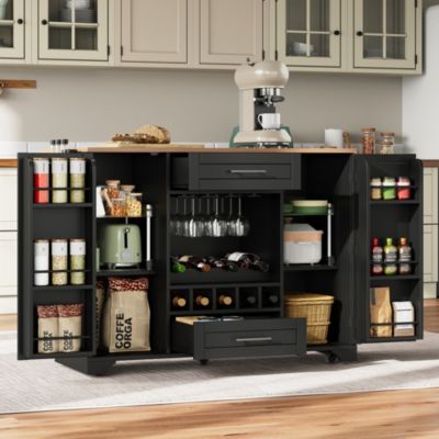 Îlot de Cuisine - Desserte de Cuisine avec Plateau Rabattable et Étagères - Porte-Serviettes Intégré MDF, 138x45/70x92 cm, Noir