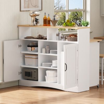 Îlot de Cuisine - Desserte de Cuisine Multifonction avec Table Pliante et 2 Chaises - Compartiments Ouverts - MDF + PB - Blanc