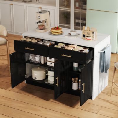 Îlot de Cuisine - Desserte de Cuisine, Prise et Ports USB, Étagères Réglables et Porte-Serviettes, MDF, Blanc/Noir, 120x60x91 cm