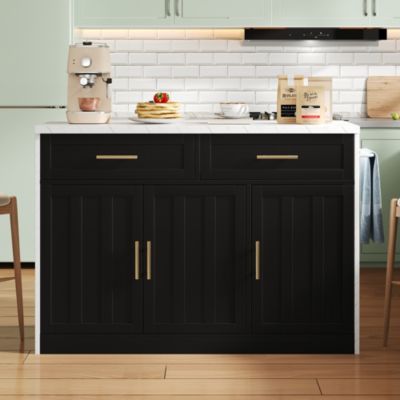 Îlot de Cuisine - Desserte de Cuisine, Prise et Ports USB, Étagères Réglables et Porte-Serviettes, MDF, Blanc/Noir, 120x60x91 cm