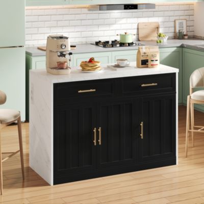 Îlot de Cuisine - Desserte de Cuisine, Prise et Ports USB, Étagères Réglables et Porte-Serviettes, MDF, Blanc/Noir, 120x60x91 cm