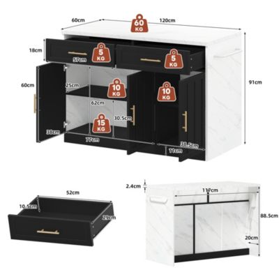 Îlot de Cuisine - Desserte de Cuisine, Prise et Ports USB, Étagères Réglables et Porte-Serviettes, MDF, Blanc/Noir, 120x60x91 cm