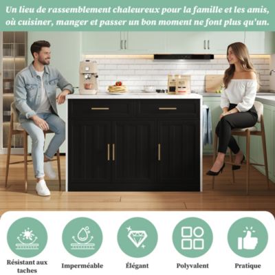 Îlot de Cuisine - Desserte de Cuisine, Prise et Ports USB, Étagères Réglables et Porte-Serviettes, MDF, Blanc/Noir, 120x60x91 cm