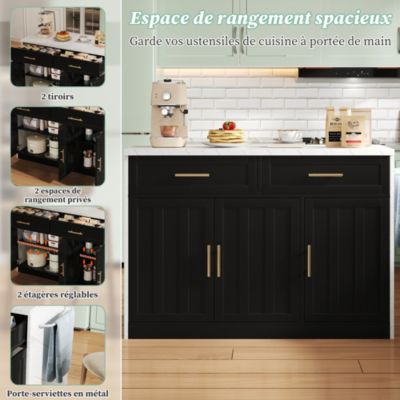 Îlot de Cuisine - Desserte de Cuisine, Prise et Ports USB, Étagères Réglables et Porte-Serviettes, MDF, Blanc/Noir, 120x60x91 cm