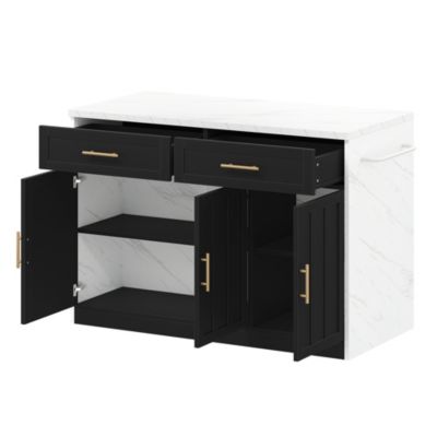 Îlot de Cuisine - Desserte de Cuisine, Prise et Ports USB, Étagères Réglables et Porte-Serviettes, MDF, Blanc/Noir, 120x60x91 cm