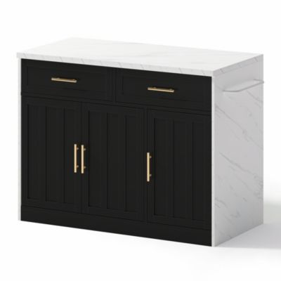 Îlot de Cuisine - Desserte de Cuisine, Prise et Ports USB, Étagères Réglables et Porte-Serviettes, MDF, Blanc/Noir, 120x60x91 cm