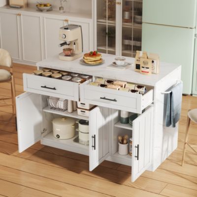 Îlot de Cuisine - desserte Multifonction avec Prise et Ports USB, Étagères Réglables, Bar Repas, MDF, Blanc, 120x60x91 cm