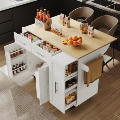 Îlot de Cuisine Extensible avec Plan de Travail et Rangement, Meuble Multifonction en MDF et Métal, Blanc, 134.5x74x90.5 cm