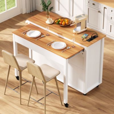 Îlot de Cuisine Extensible sur Roulettes - avec Prises et Étagères Réglables en MDF - Blanc - 120x40-75x92 cm