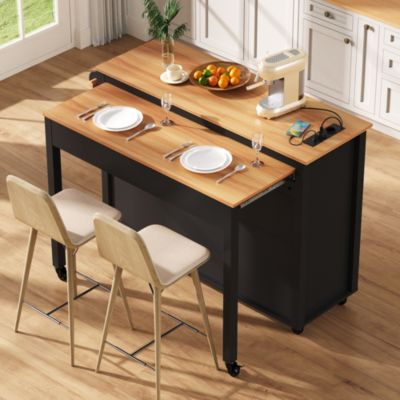 Îlot de Cuisine Extensible sur Roulettes - avec Prises et Étagères Réglables - MDF Noir - 120x40-75x92 cm