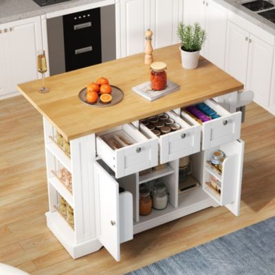 Îlot de cuisine mobile 132 cm blanc et bois avec plateau rabattable et prises USB