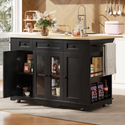 Îlot de Cuisine Mobile avec Plan de Travail, Portes en Verre et Séparateurs Amovibles - MDF et Métal - Noir 151,5x60-85x91,7 cm