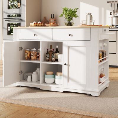 Îlot de Cuisine Mobile avec Plan de Travail, Prise Intégrée et Rangement Multifonction - MDF et Métal - Blanc 151,5x84,7x91,7 cm