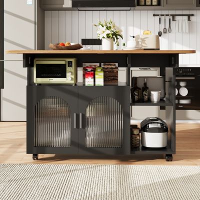 Îlot de Cuisine Mobile avec Roulettes, Plan Effet Bois et Rangement Multifonction - MDF, Métal et Verre - Noir 120x30-70x79,5 cm