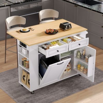 Îlot de Cuisine Mobile avec Table Extensible, Poubelle Intégrée, Porte-Serviette et Prise Électrique, Blanc, 120x40-70x92 cm