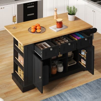 Îlot de Cuisine Mobile avec Table Pliante et Prise Intégrée, desserte avec Tiroir et Étagères - Noir - 132x40-70x87 cm