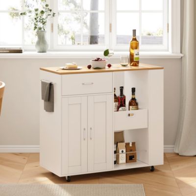 Îlot de cuisine mobile blanc avec plateau en chêne, Rangement modulable, tiroirs et étagères ouvertes, pratique et robuste