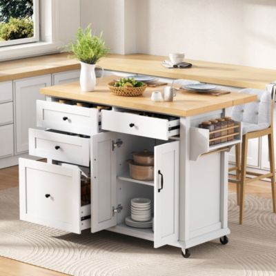 Îlot de Cuisine Mobile Blanc avec Tiroirs Multifonction, Table Extensible et 5 Roulettes - MDF, 107x45-70x90,5 cm