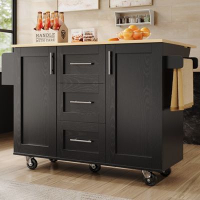Îlot de Cuisine Mobile - desserte avec Plan de Travail et Séparateurs Amovibles - MDF + Métal - Noir - 135x46x86,9 cm
