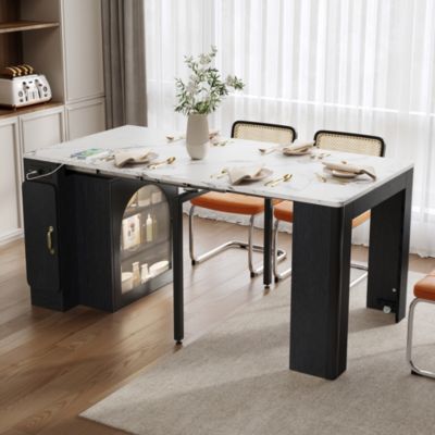 Îlot de Cuisine Mobile Multifonction avec Table Extensible, Rangement et Prise Électrique - MDF, Verre - Blanc/Noir - 150x80x77 cm
