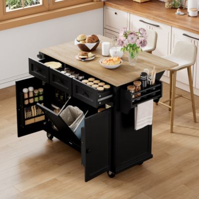 Îlot de Cuisine Mobile Noir avec Roulettes et Tiroirs - Îlot de Cuisine avec Espace Repas Extensible et Poubelle Intégrée
