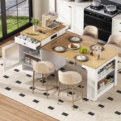 Îlot de cuisine mobiles avec rangement,plan de travail,multiprises,2 tiroirs,table à manger extensible,ilot central cuisine,blanc